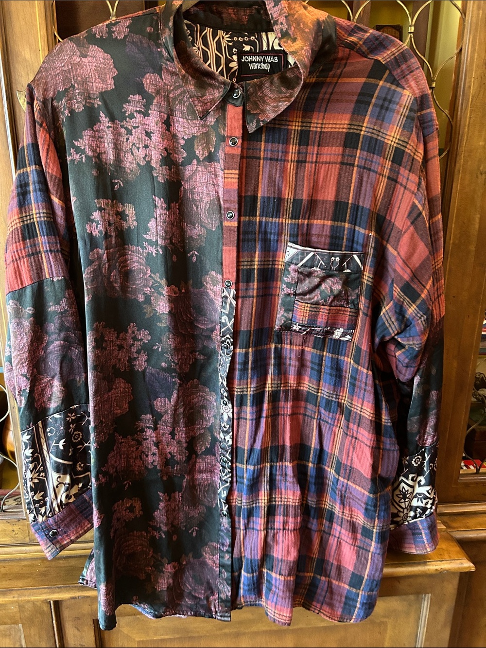 Johnny Was Red & Black Plaid and Floral Split-Print Button-Down Shirt